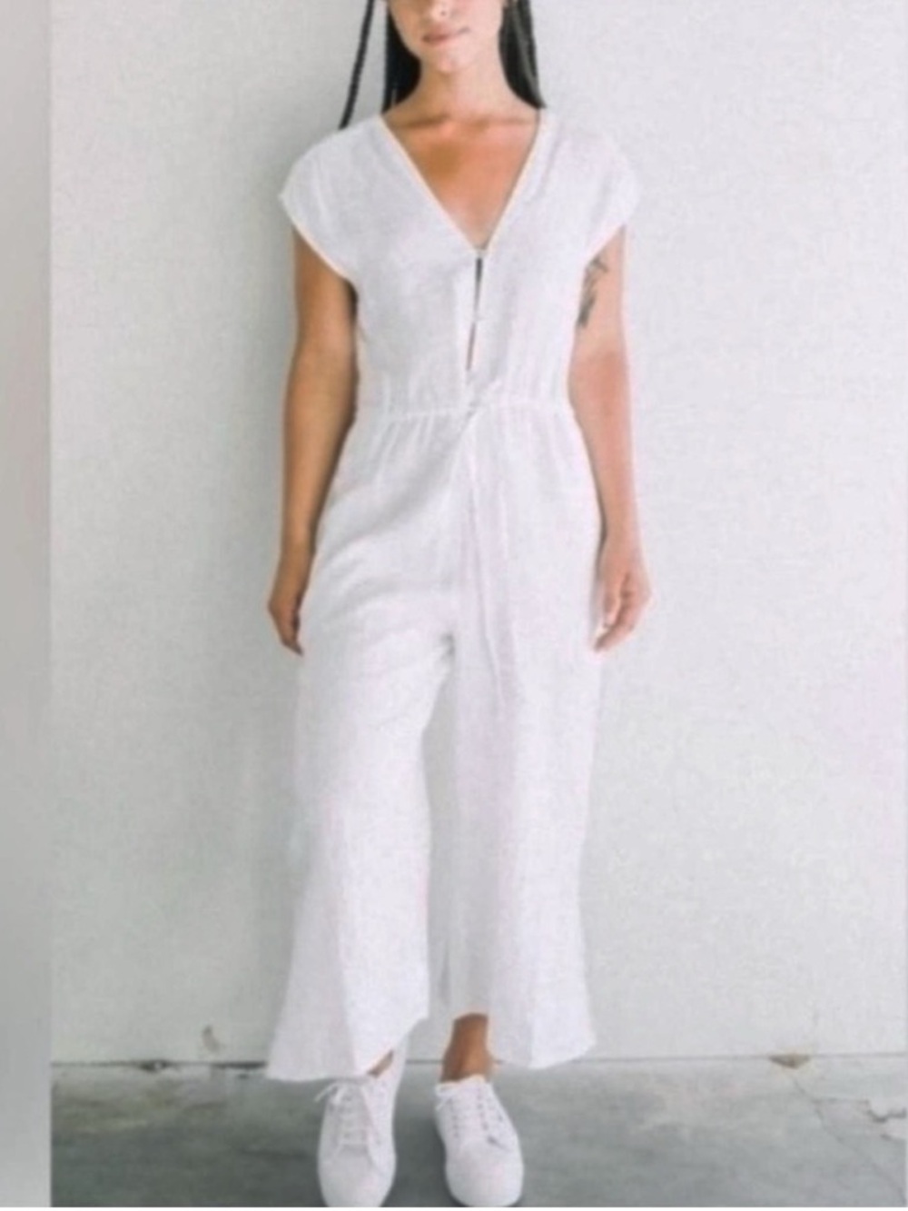 Anthropologie Cloth & Stone 100% Linen V Neck Button Front Jumpsuit White Sz S